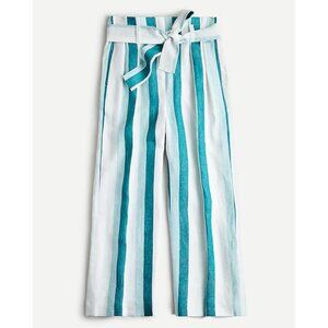 J. Crew Paperbag Linen Pants in Cabana Stripe Wide Leg Crop Green White Size 6